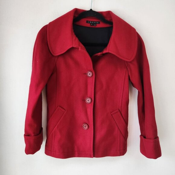 Theory Wool Blend Red Pea Coat Jacket Fall Winter Women's XS - Picture 1 of 7